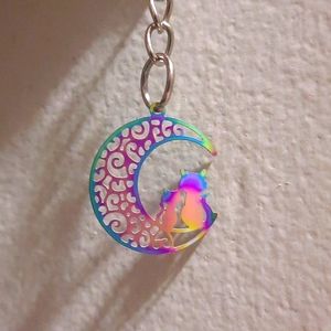 Moon Cats Multi Colour Iridescent Etched Stainless Steel Keychain